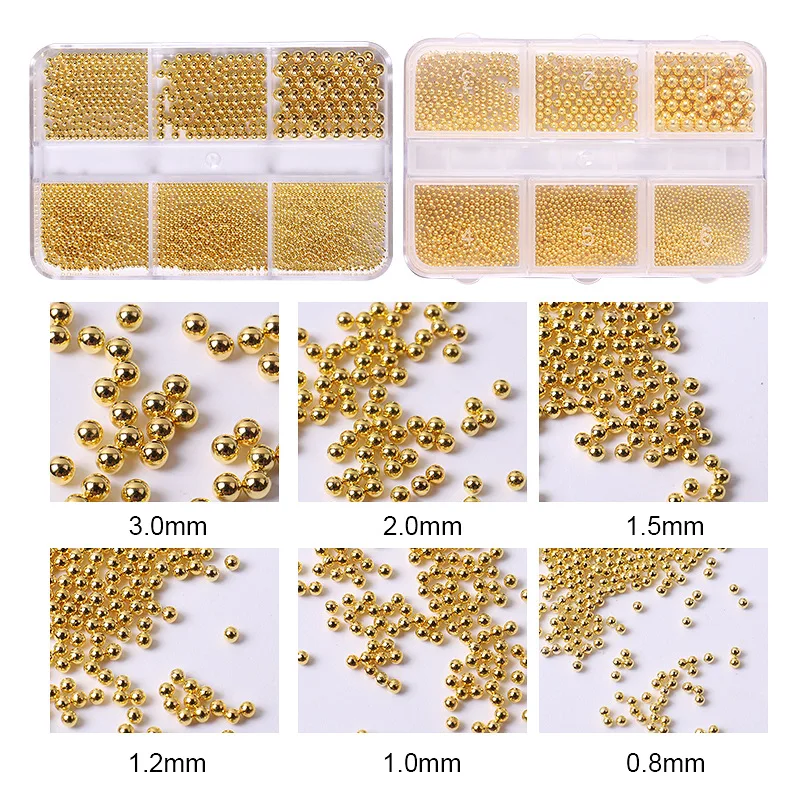6er-Set/Box Edelstahl-Kaviarperlen für Nagelkunst, gemischte Größen, Legierung Gold/Silber, Nagel-Charms, 0,8-3mm, Maniküre-Mikroperlen – Detail 2