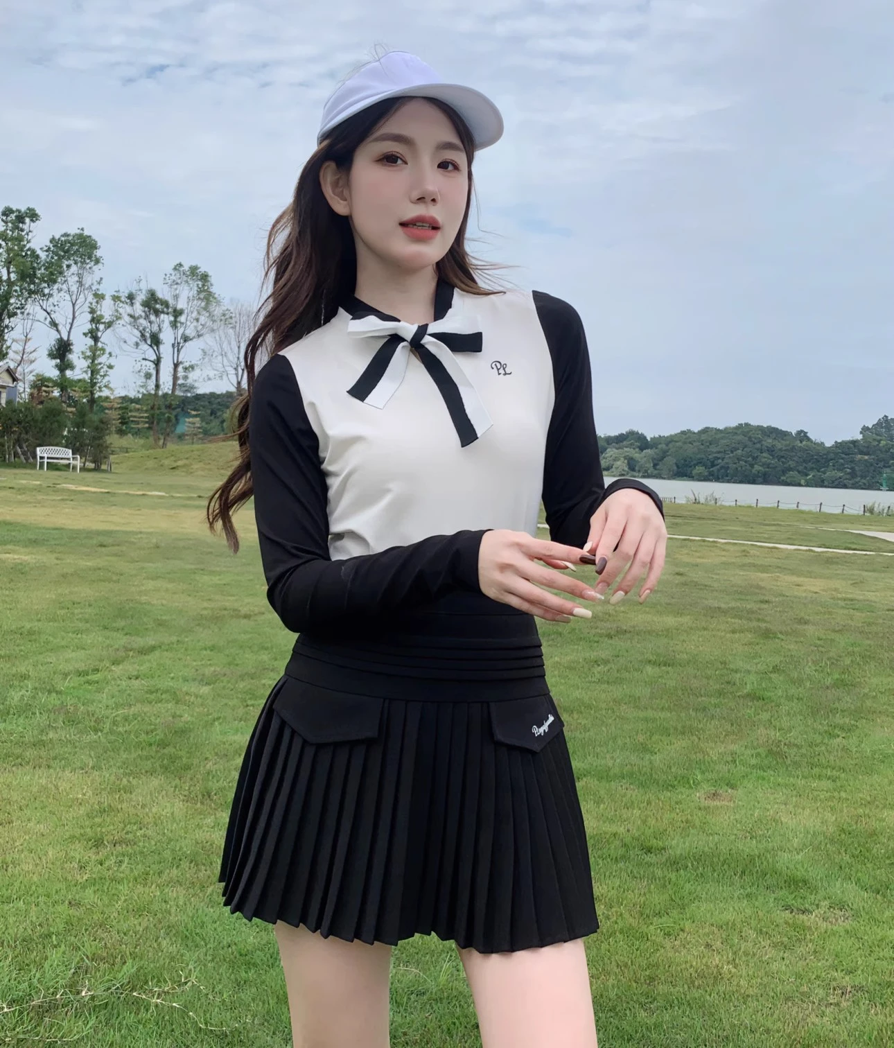Spring Autumn Golf Clothing Women's Long Sleeved Shirt Bowknot Tie Sports Top Tennis Pleated Skirt Ladies Top Skort Suit
