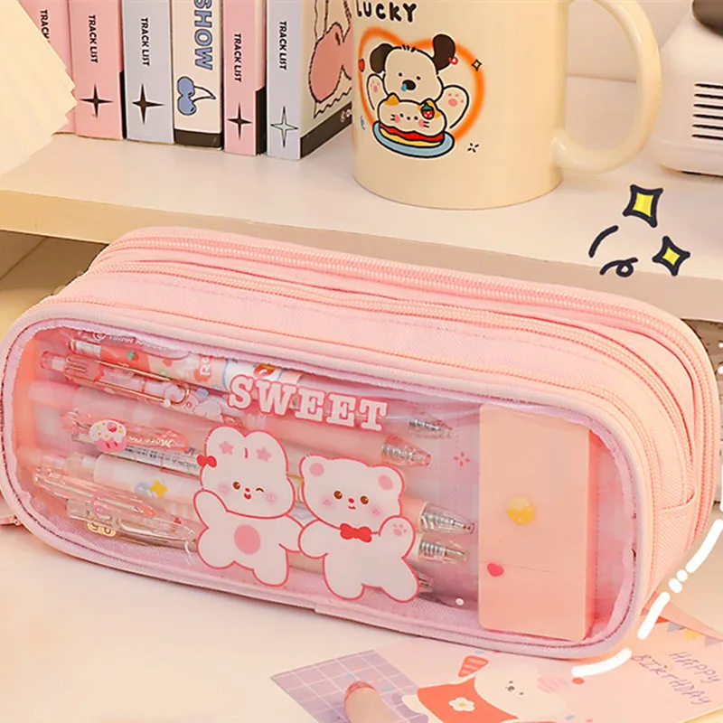 Fashionable Cartoon Animal Pattern Plaid Colorblock Pencil Bag, Small  Storage Pouch