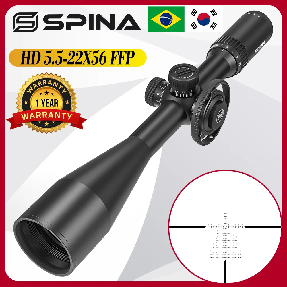 

SPINA OPTICS 5.5-22X56 FFP First Focal Plane Tactical Riflescope 1/10 Mil Side Parallax adj Turret lock Fit PCP/Carbine/AR.308