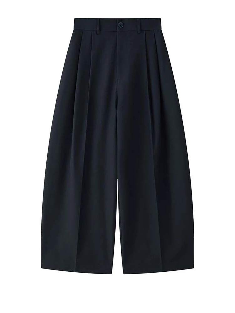 [EAM] High Waist Navy Blue Pleated Brief Long Casual Wide Leg Pants New Trousers Women Fashion Tide Spring Autumn 2026 1DJ3459