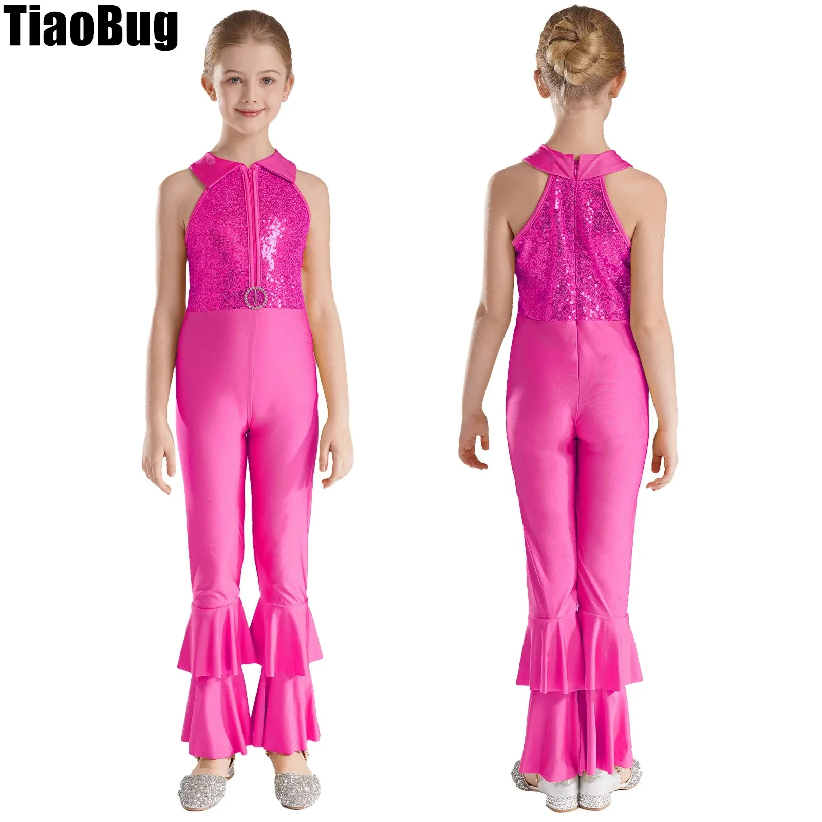 

Kids Girls Shiny Sequins Dance Leotards Decorated Zipper Sleeveless O-ring Front Tiered Bell-bottom Long Pants Style Jumpsuit