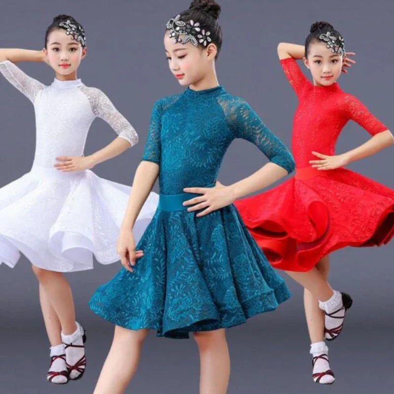 Dance Dress children Ballroom Salsa Tango lace dress Girl long sleeve Latin Dance dress