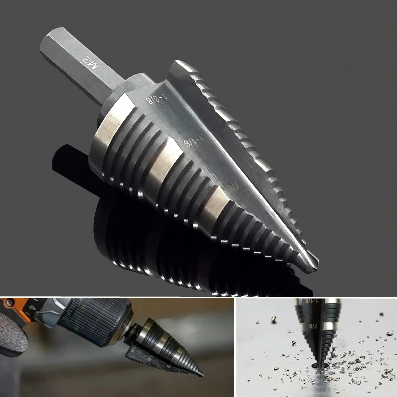 5 Pcs Four Spiral Flute Step Drill Bit Set, 1/8"-1-3/8" HSS Unibit Step 7 thumbnail image