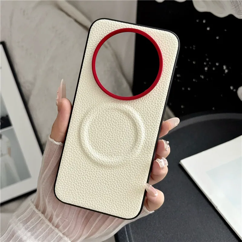 Luxury Magnetic Lychee Pattern PU Leather Non-Slip Cover with Metal Camera Frame