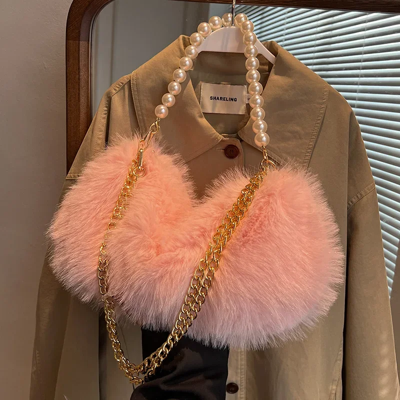 Retro Khaki Pink White Plush Handbags Classic Fashion Large Capacity Tote Bags Metal Pearl Chain Shoulder Bags Party For Women