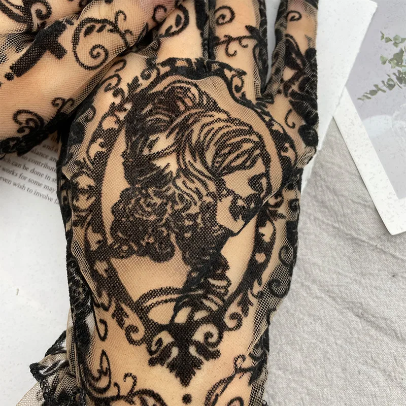 Sexy Black Lace Thin Transparent Elasticity Mesh Short Gloves Women Sunscreen Gothic Punk Lolita Cosplay Cross Flowers Mittens