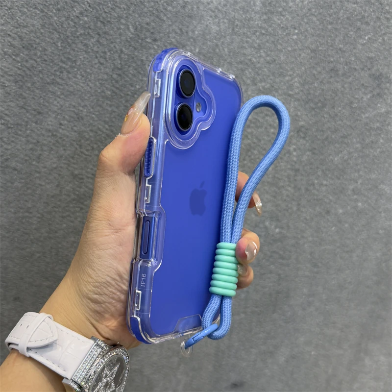 Heavy Duty Rugged Candy Clear Shockproof Matte Armor Case with Wrist Strap Lanyard