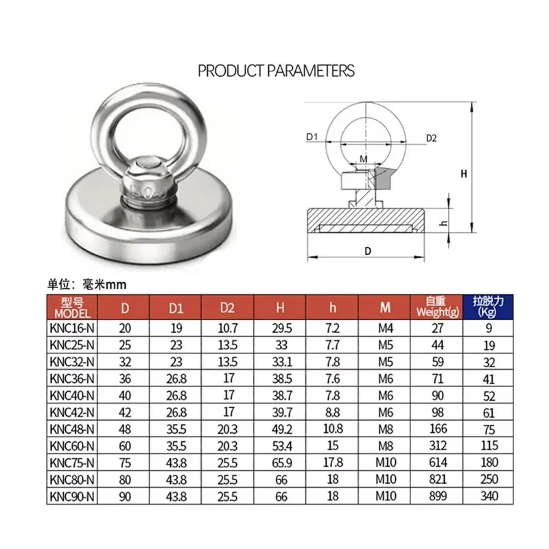 Heavy Duty Search Magnets Strong Neodymium Magnet Salvage Magnet Magnets with Countersunk Hole Eyebolt for Salvage Magnetic