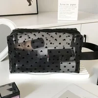 Women Cosmetic Pouch Toilet Storage Bag Ladies Toiletry Lipstick Key Coin Organizer Bags Purse Heart Transparent Mesh Makeup Bag 2