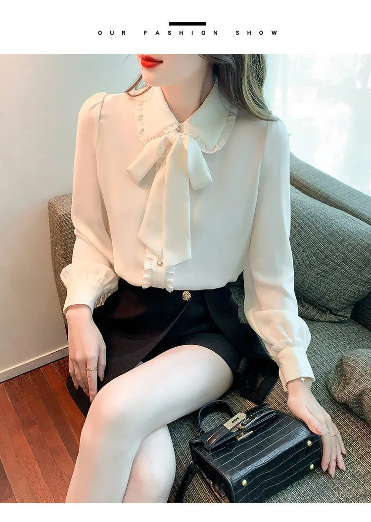 Bow Tie White Chiffon Shirt 2022 Spring Summer Korean Fashion Blouse Lace Elegant Long Sleeve Shirt for Female Casual Clothing