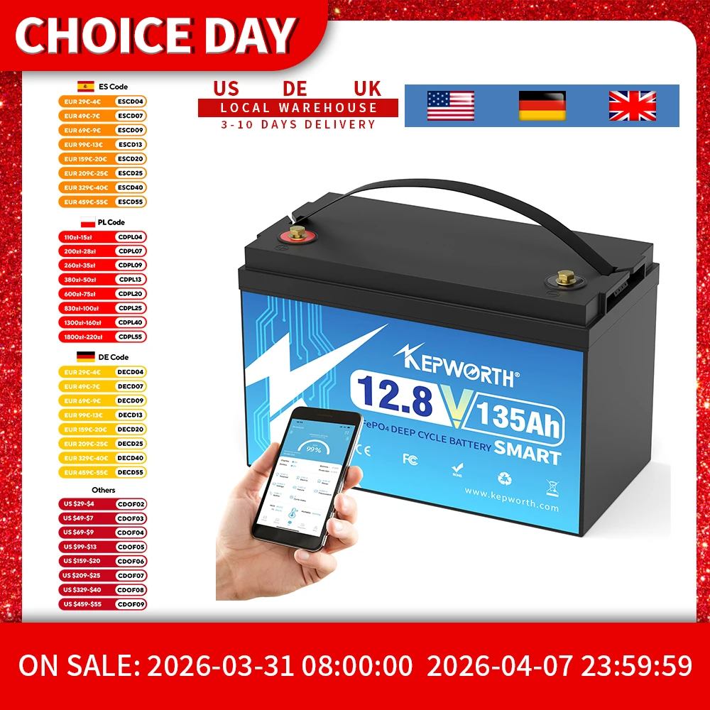 12V 135Ah Lithium Battery With 100A Bluetooth BMS with Low-Temp Protection, Perfect for RV, Solar, Boat, Marine, Trolling Motor
