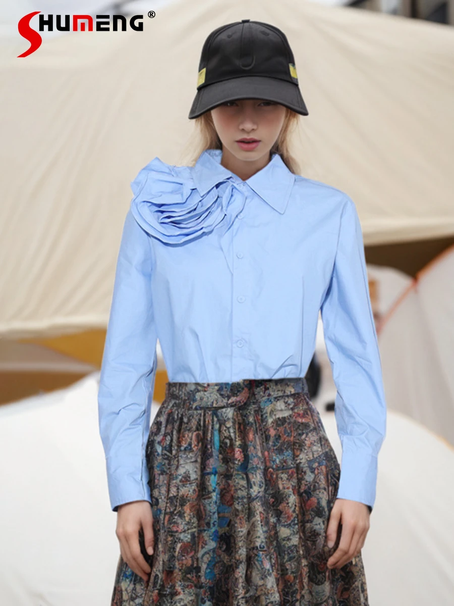 Модный универсальный топ с трехмерными цветами, весна 2024, новая темпераментная однобортная рубашка с длинным рукавом