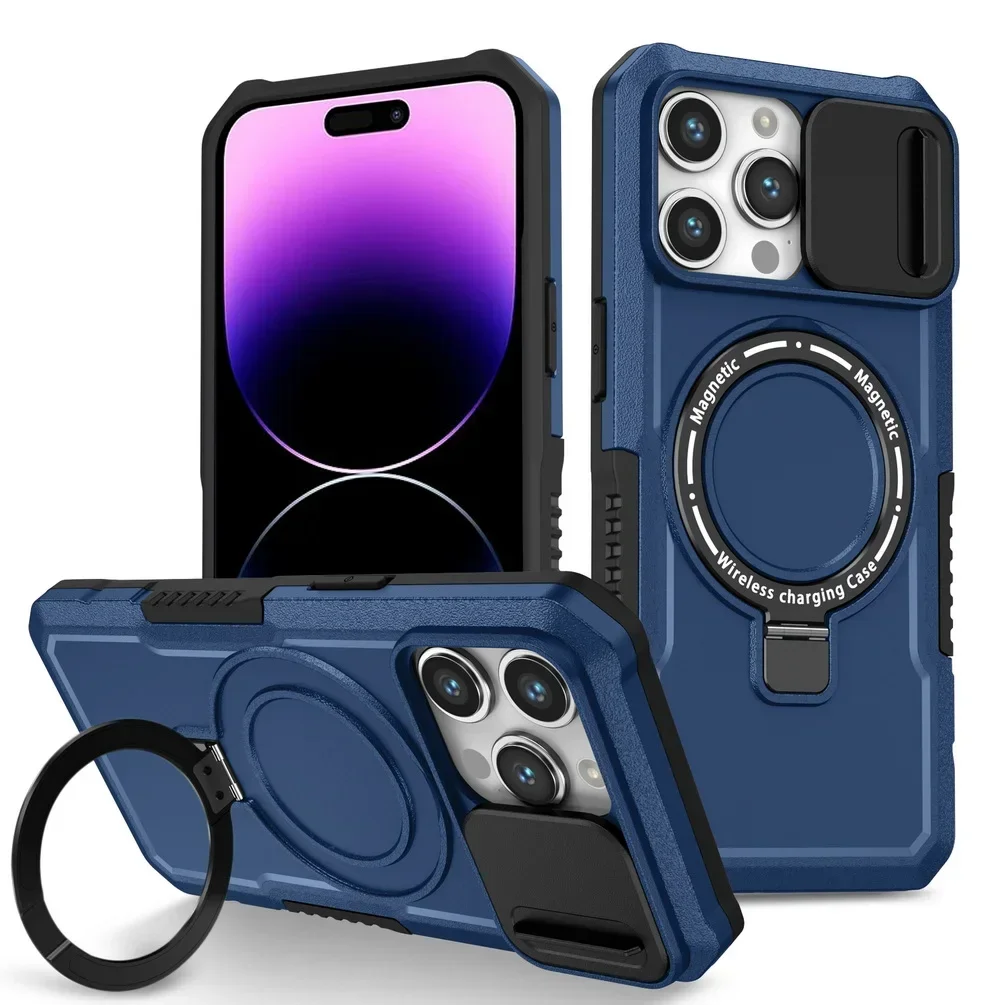 Luxury Metal Phone Case with 360° Built-in Bracket and Sliding Camera Protection