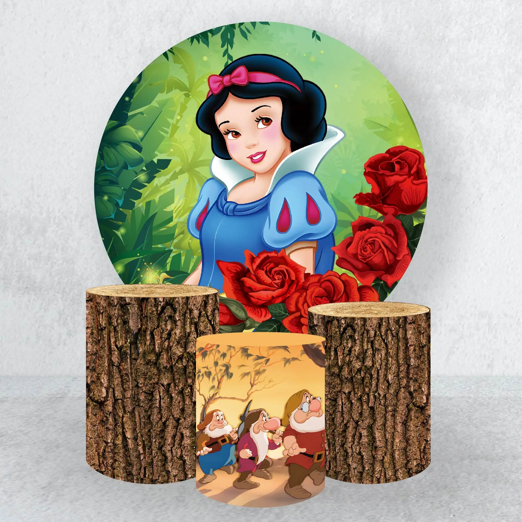 Decoración de fiesta de niñas, telón de fondo redondo con temática de  Blancanieves y los enanitos, cubiertas elásticas de cilindro, accesorios de  fondo de estudio fotográfico - AliExpress, image size:1667x1667