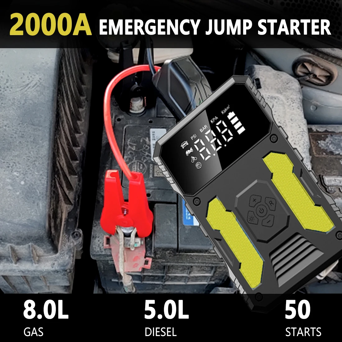Portable 12V Multi-Function Jump Starter Power Bank 500A Peak 1000A LED Light Built-In Air Pump Car Truck Flashlight