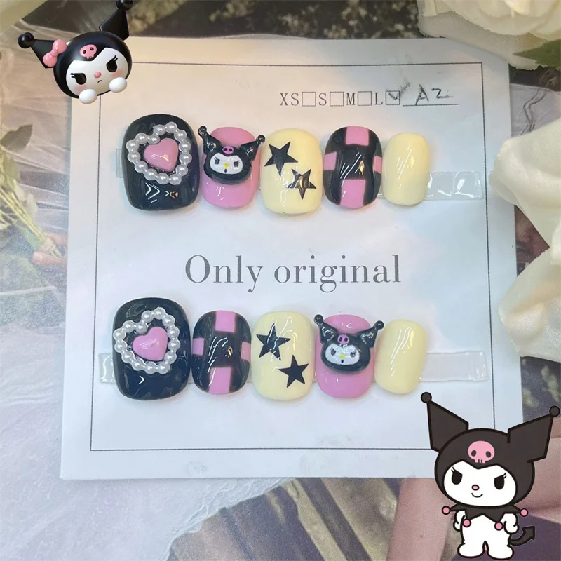 

Sanrio Kuromi Cute Cartoon Purely Handmade Press-On Nails Black Pink Chessboard Painting Heart Pearl Design Short Square Nail