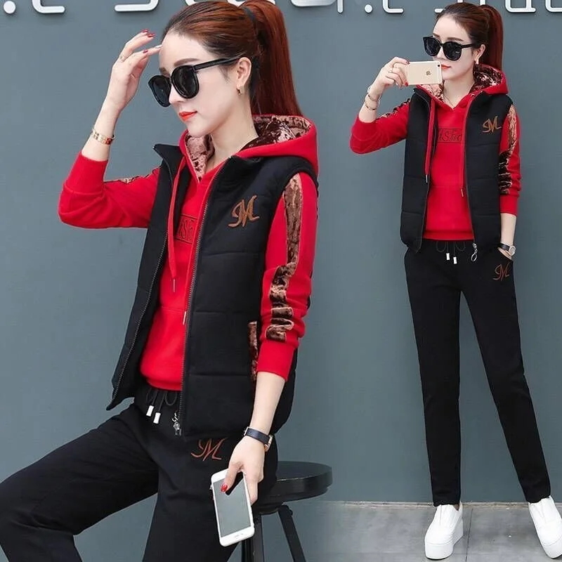 2024 Autumn Winter New Women's Casual Sweat Suit Fashion Plush Thickened Hooded Tops Waistcoat Pants 3 Three Piece Set For Women 3