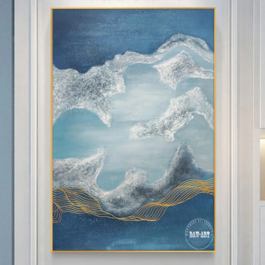 

Modern Pure Handmade Acrylic Canvas Art Abstract Oil Painting White Blue Wall Picture Artwork For Home Room Decor Unframed