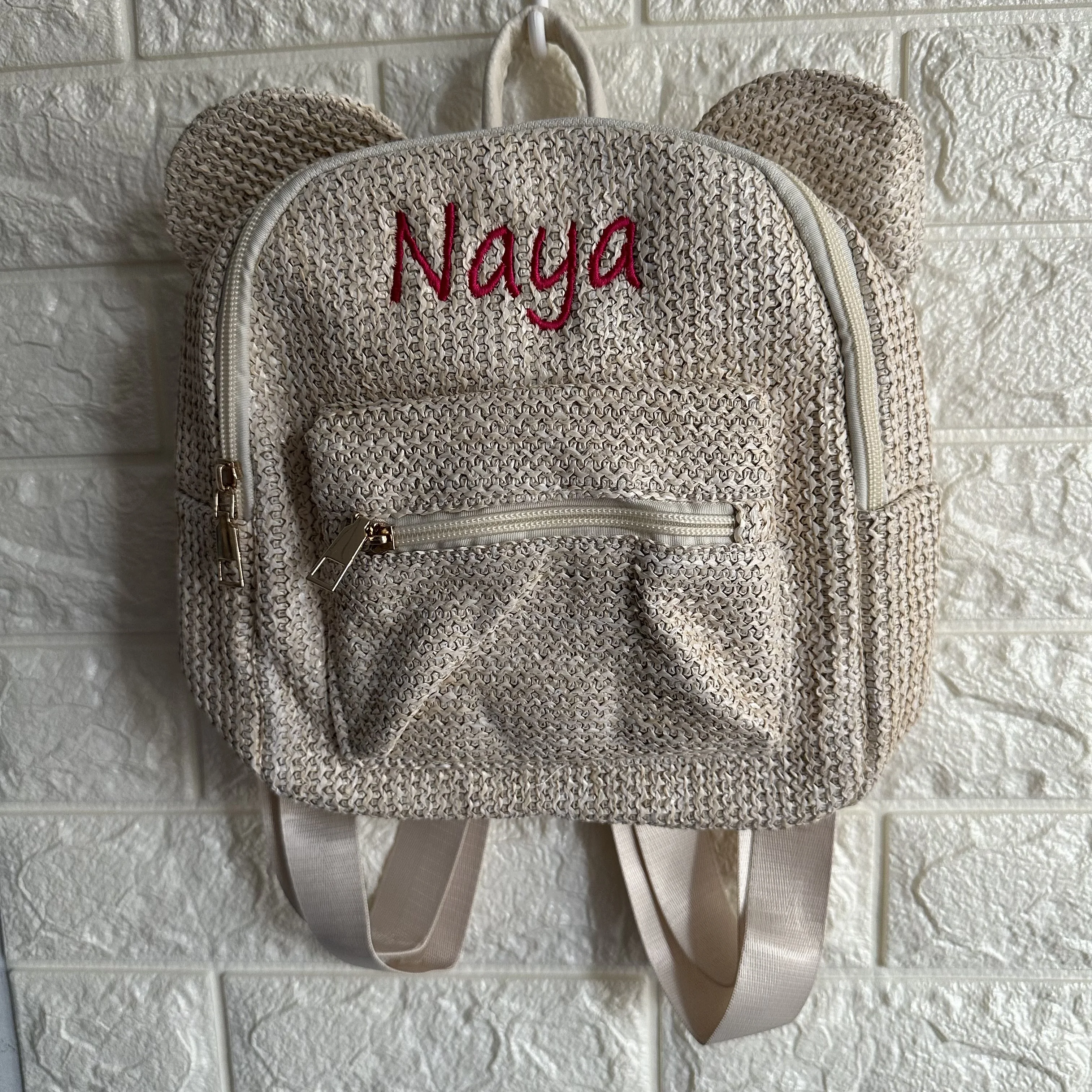 

New Summer Woven Backpack Personalized Name Cute Round Ear Beach Small Backpack Versatile Small Bag Girl