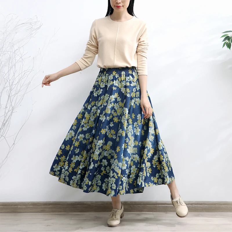 tiyihailey-free-shipping-2022-new-fasion-long-mid-calf-a-line-skirt-women-elastic-waist-spring-autumn-denim-jeans-vintage-print
