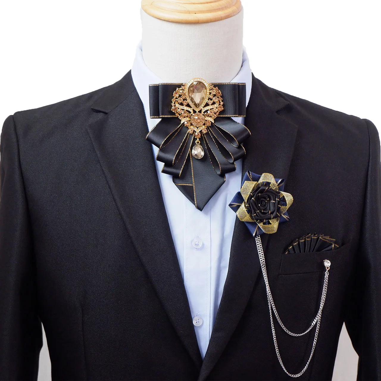 Original Rhinestone Bow Tie Set Luxury Men's Handmade Jewelry Gift Fashion Business Banquet Wedding Collar Flowers Corsages Sets