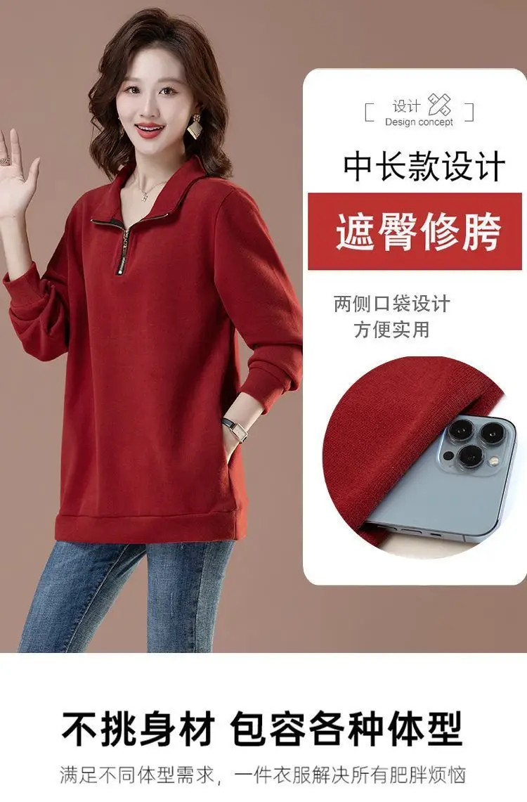 Hutloses Sweatshirt aus reiner Baumwolle für Damen im Herbst und Winter, neues lässiges Modekleid, langärmeliges T-Shirt, vielseitiges Oberteil – Detail 4