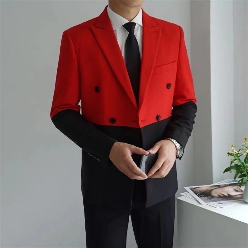 Black Half Red White Men Blazer Hombre Double Breasted Blazer Masculino Slim Fit Wedding Prom Stylish Splice Men Blazer Homme black blazer for men