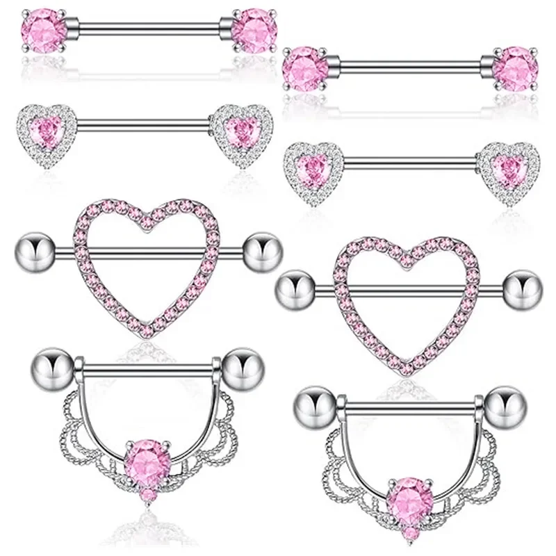 Pink Heart Crystal Flower Nipple Jewelry Set - Shiny Barbell Collection