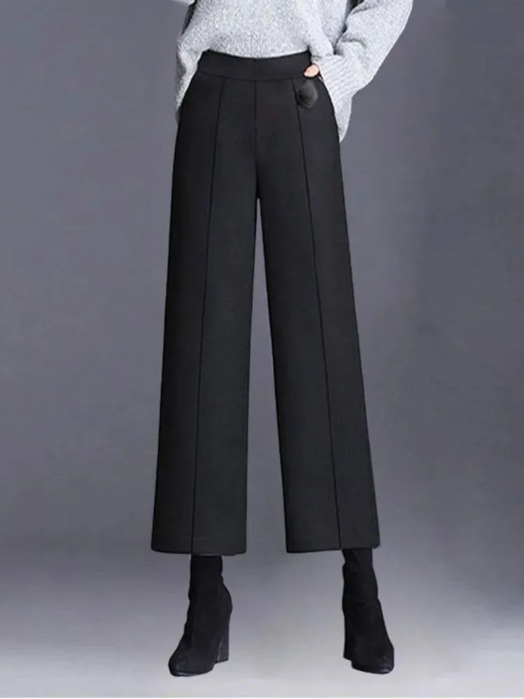우아한 모직 혼합 넓은 다리 바지 사무실 레이디 높은 허리 스트레이트 Pantalones 가을 겨울 발목 길이 대형 4xl 바지
