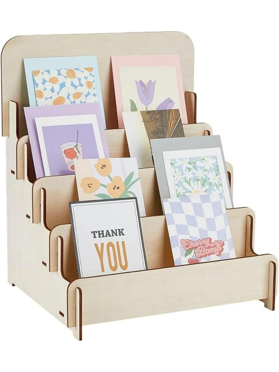 4-Tier Wooden Greeting Card Display Stand 1PC Sticker Display Stand Vendors Postcard Organizer Retail Racks Multipurpose card display stand