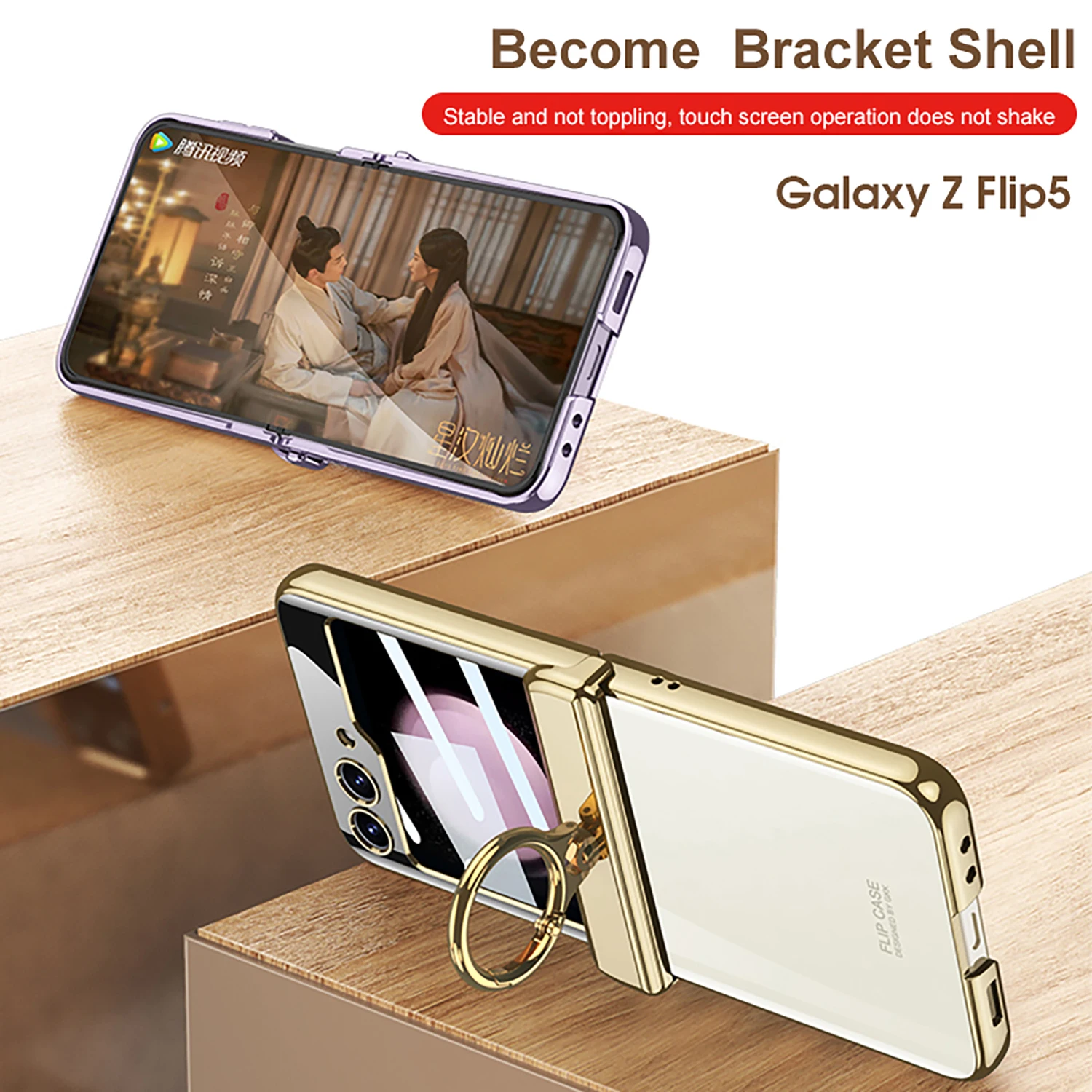 For Samsung Galaxy Z Flip 5 Case Electroplating Transparent Magnetic Folding Hinge Ring Bracket With Mirror Film Shockproof Case