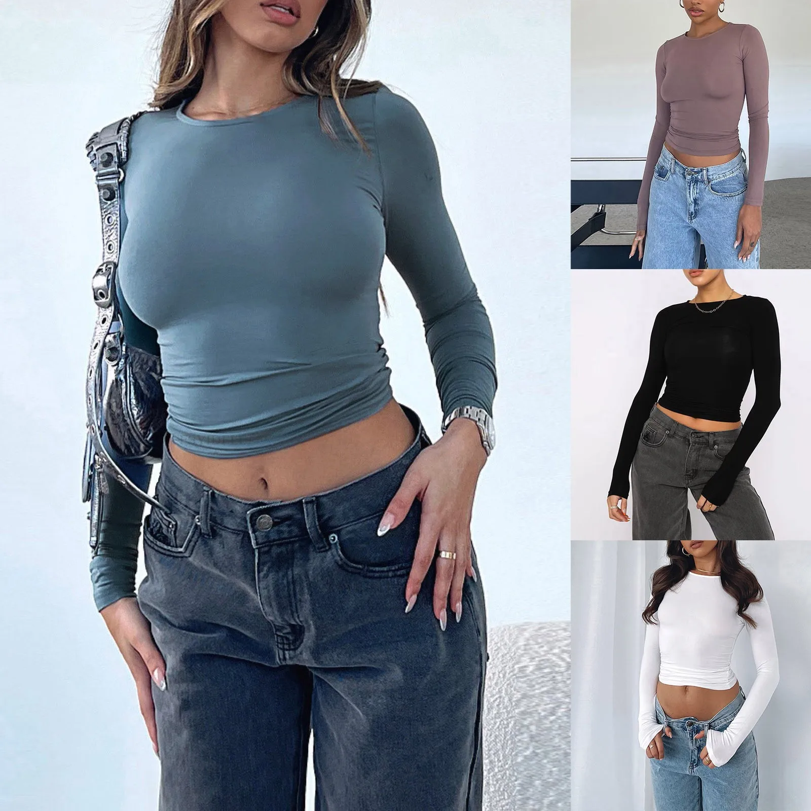 

Женская Однотонная футболка с круглым вырезом, популярная Облегающая рубашка для девушек, Топ с длинным рукавом, блузка, женский топ для упражнений, свободные блузки с длинным рукавом