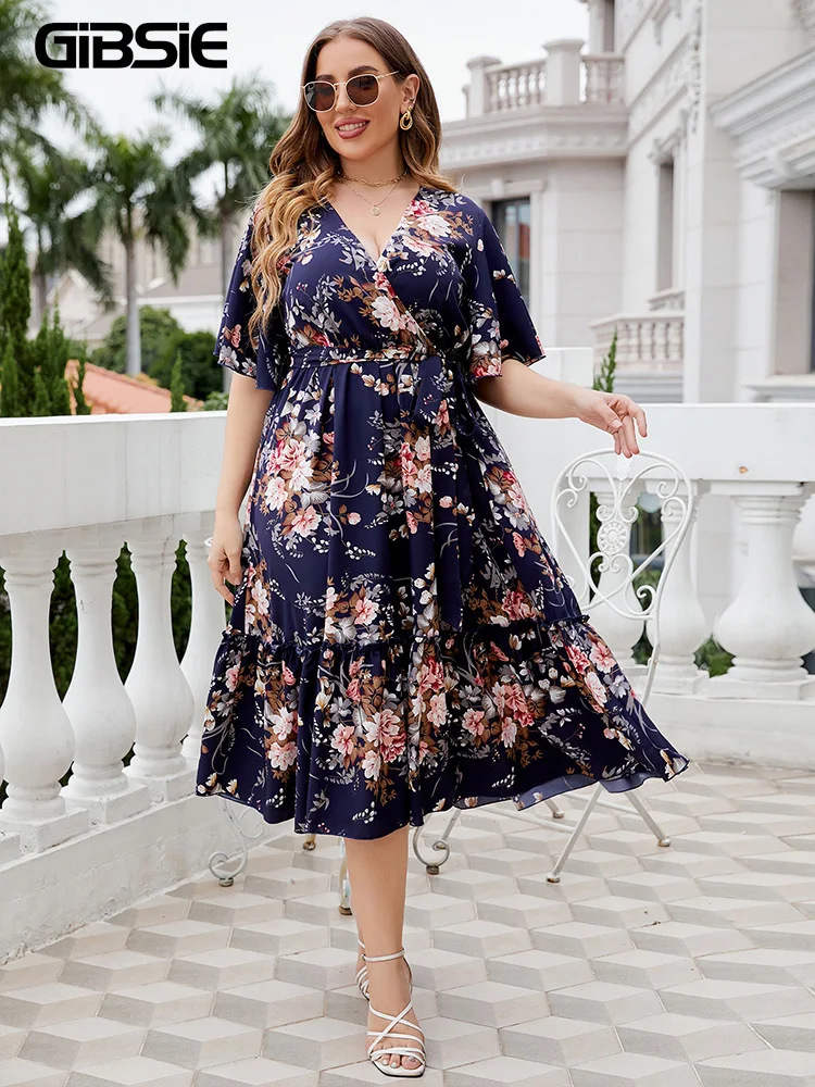 

GIBSIE Plus Size Floral Print V Neck Belted Dress Women Holiday Boho Summer Butterfly Sleeve A-line Women Long Dresses 2023 new