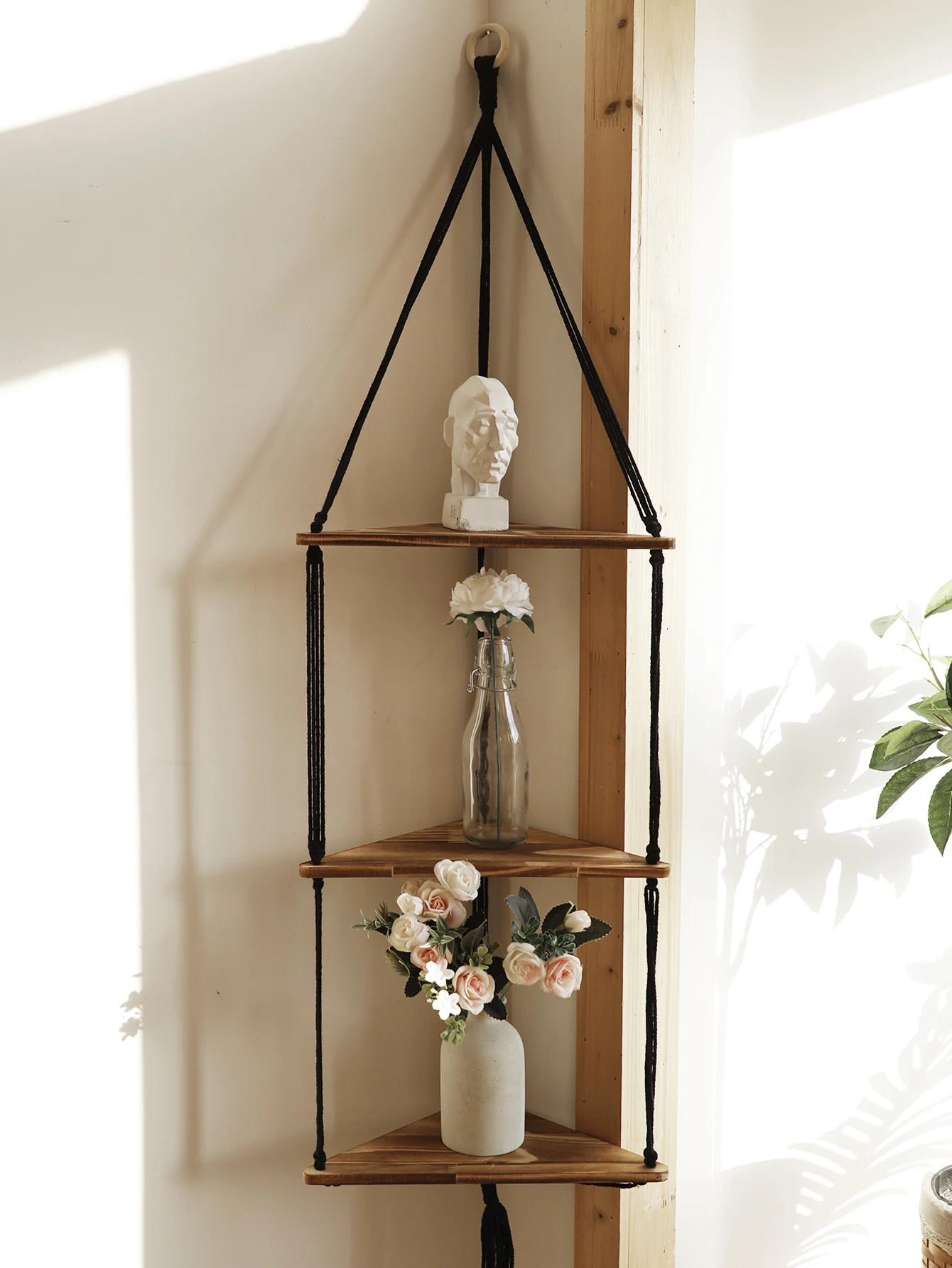 Boho Wooden Corner Shelf with Macrame Accent 1