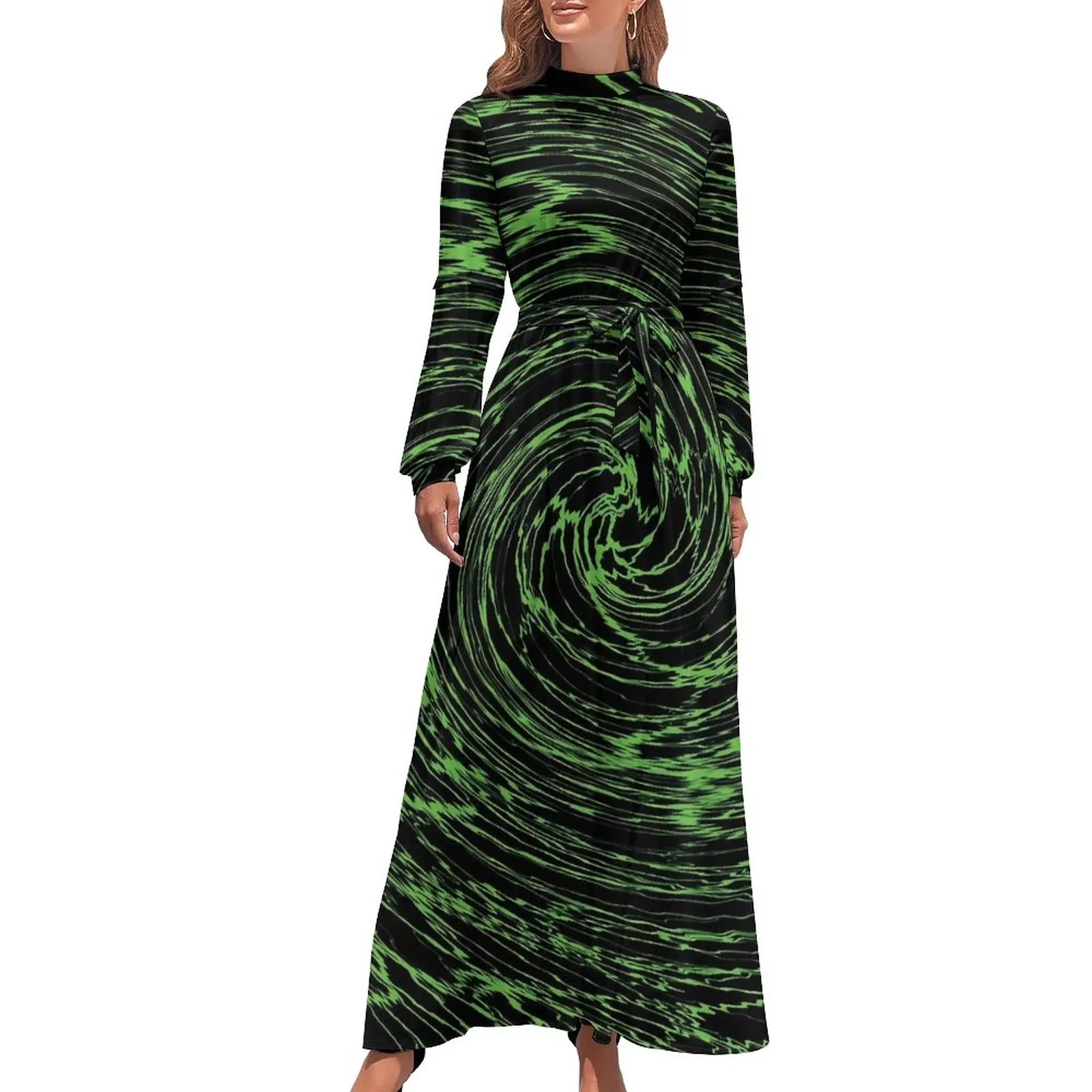 

Женское пляжное платье с длинным рукавом, длинное зеленое платье-макси в стиле бохо с высоким воротником и вихревым принтом на заказ