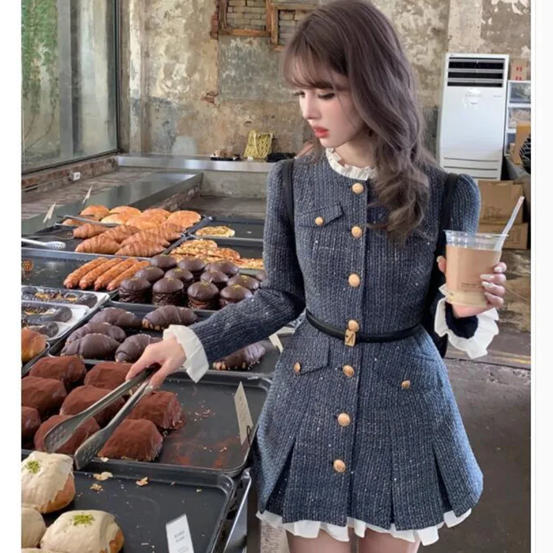 

Women's Autumn Winter Round Neck short Dress New Slim Pleated Tweed Birthday gift Dress lady Luxury Chic Office Vintage Dresses