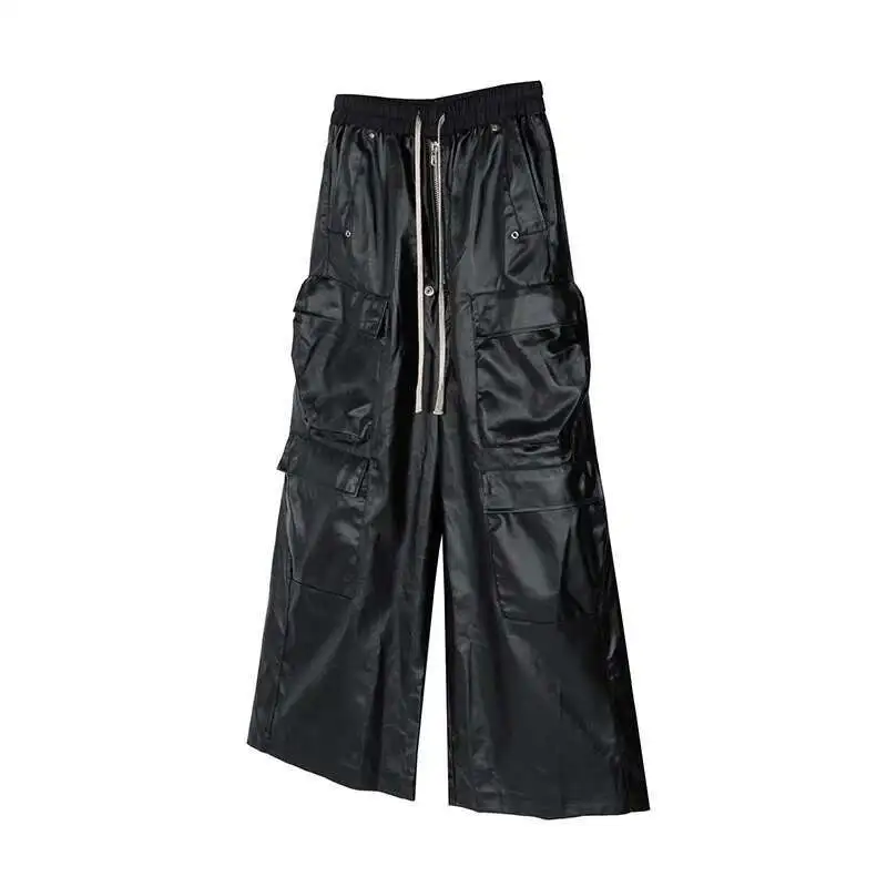 Men's Work Pants PU Leather Pocket Wide Leg Trousers Solid Color Darkwear Male Casual FEWQ 21Z7056 men trousers leather pants