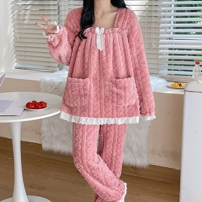 large-size-thickened-flannel-pajamas-women-korean-style-autumn-winter-coral-velvet-student-home-wear-two-piece-set-freshing