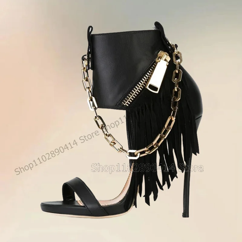 

Metal Chain Black Tassels Open Toe Sandals Boots Side Zipper Women Shoes Thin High Heels Fashion Party 2024 Zapatos Para Mujere