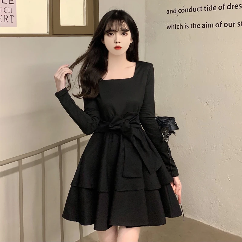 Spring New Lace-up Little Black Dress Women Vintage Design Square Neck Long Sleeve Mini Ready-to-wear Dresses Female 2022