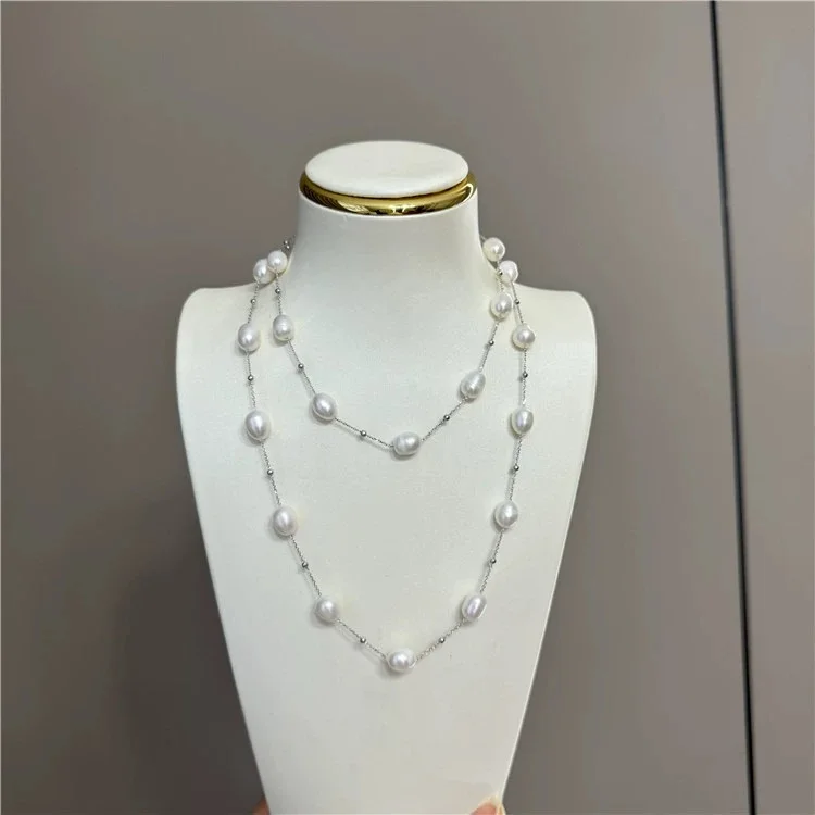 

Freshwater White Rice Pearl Gunmetal Color Plated Chain Necklace 33" For Women Charm Jewelry
