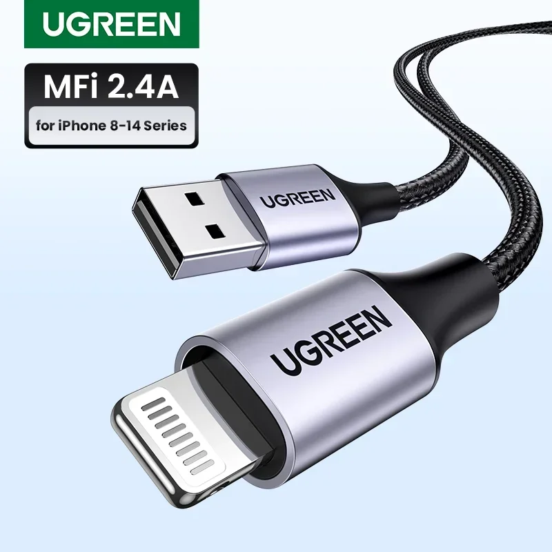 Фото Кабель UGREEN MFi с USB A на Lightning для Apple ipad, iPhone 14, 13, 12, 11, xs, xr, 8, 7, 6, быстрая зарядка, Плетеный, короткий, 0,25 м, 0,5 м, длиной 2 м №1