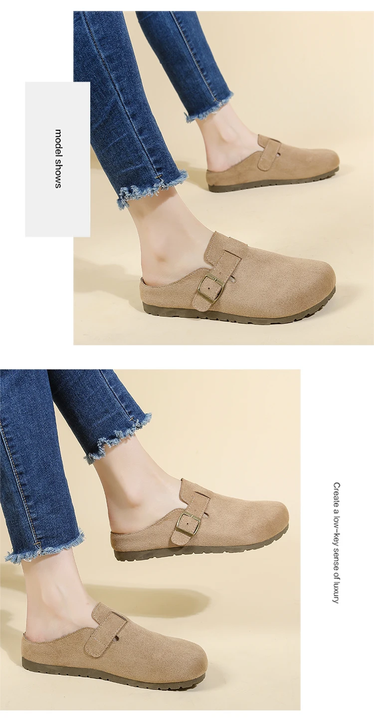 Women's Retro Suede Clogs With Buckle Slip-on Mules Flat Sandals_voghion.com