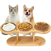 Bamboo Elevated Pet Feeder with 3 Stainless Steel Bowls for Cats and Dogs Non Slip Food and Water Bowl Stand