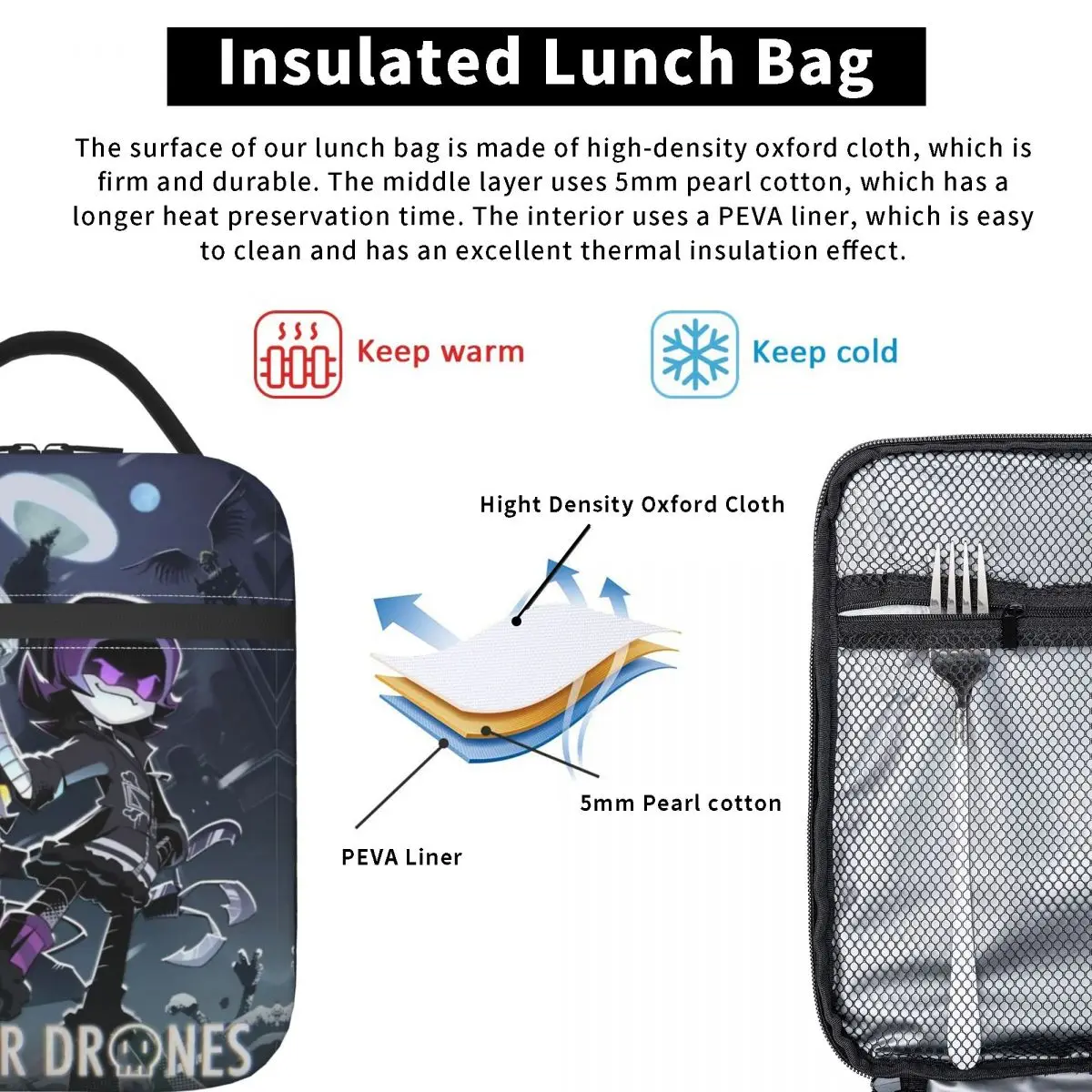 Robot Murder Drones Insulated Lunch Bag Cooler Bag Meal Container Uzi Doorman Horror High Capacity Lunch Box Tote Office Travel