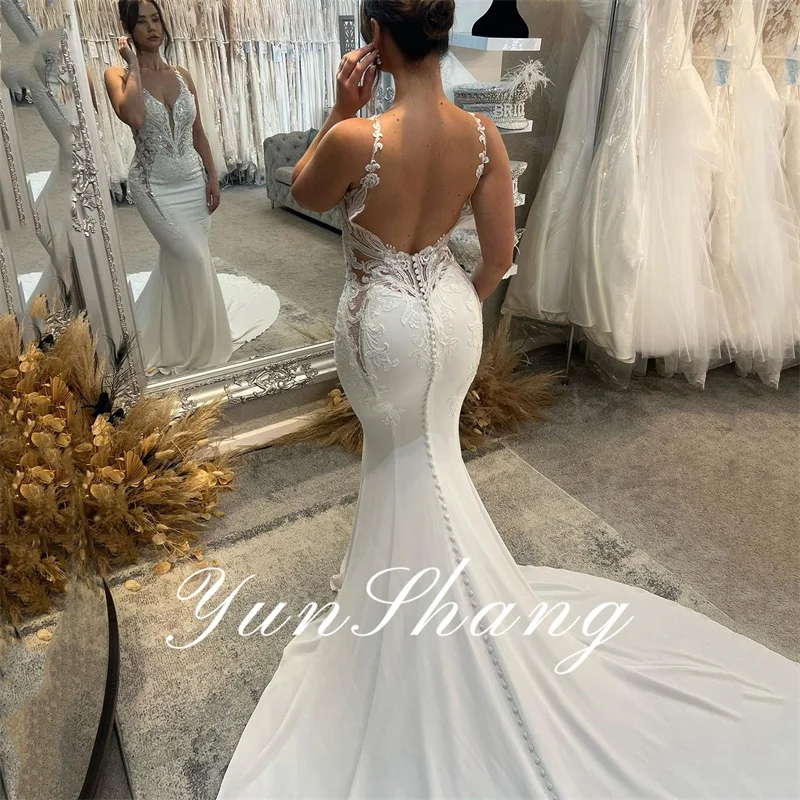 Yunshang Elegant Wedding Dress Women Mermaid Open Back Lace V-Neck Spaghetti Straps Bridal Gown Applique Sweep Vestidos De Novia