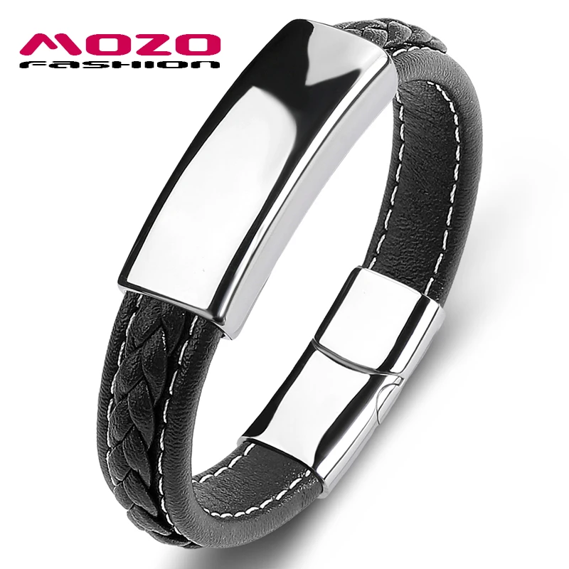 MOZO 패션 트렌디한 남성용 가죽 팔찌, 광택 스테인리스 스틸, 여성용 펑크..