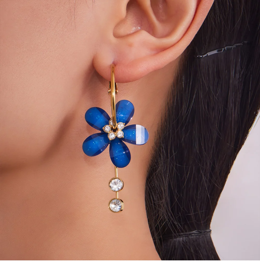 Neue bunte Harz-Blumen-Ohrringe für Frauen, glänzender Zirkon, 316 Edelstahl, vergoldet, Tropfen-Ohrringe, Böhmen-Schmuck, Geschenk – Detail 4