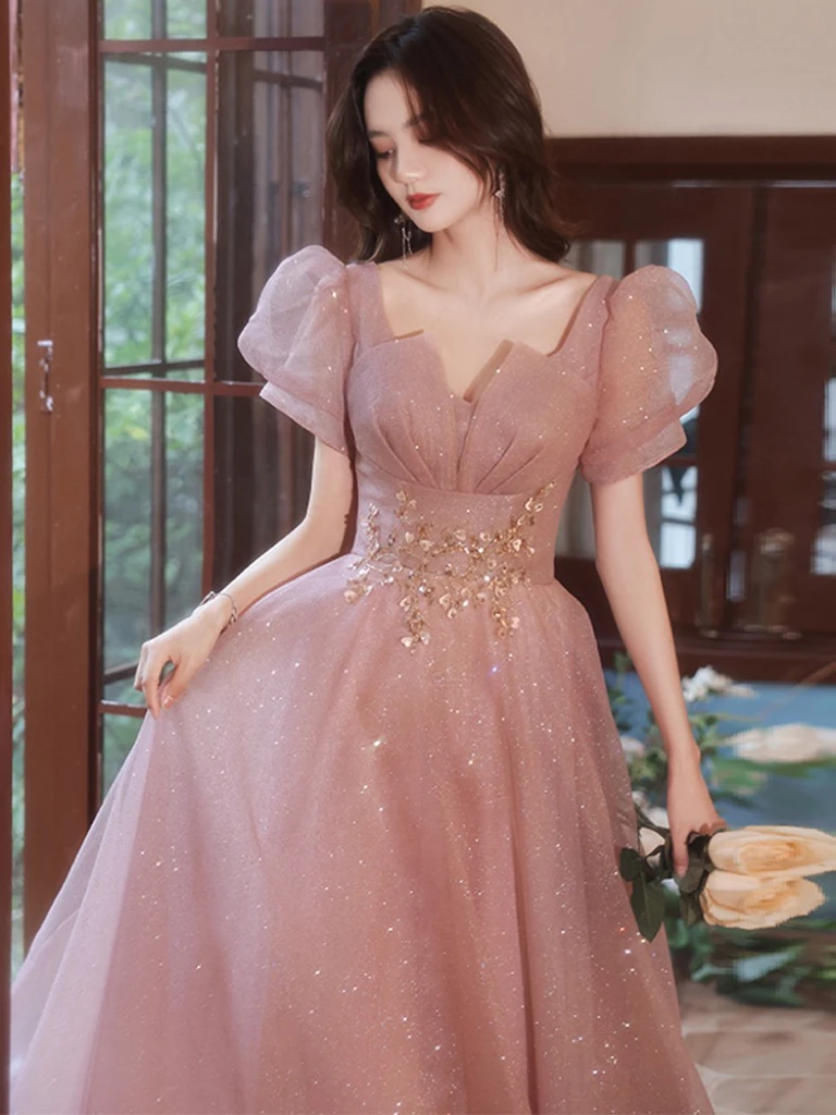 

Purple Pink Evening Dress Elegant Sequined Applique V Neck Pleated Puff Sleeve A Line Empire Applique Wedding Party Gowns Woman